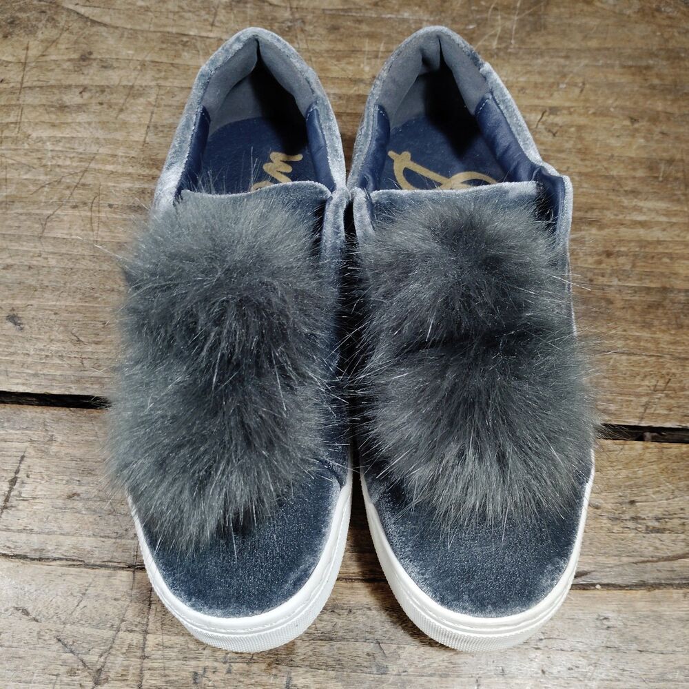 Sam Edelman Leya Sneakers 8.5M Navy Blue Velvet Snowball Pom Pom Slip On